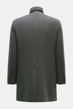 Fay Mantel 'Duty Coat' dunkelgrau meliert, Rückansicht, Fischgratmuster, Slim Fit, Woll-Microfaser-Mix, variabler Reverskragen mit Lederbesatz, Rückenmittelschlitz.