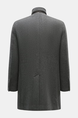 Fay Mantel 'Duty Coat' dunkelgrau meliert, Rückansicht, Fischgratmuster, Slim Fit, Woll-Microfaser-Mix, variabler Reverskragen mit Lederbesatz, Rückenmittelschlitz.