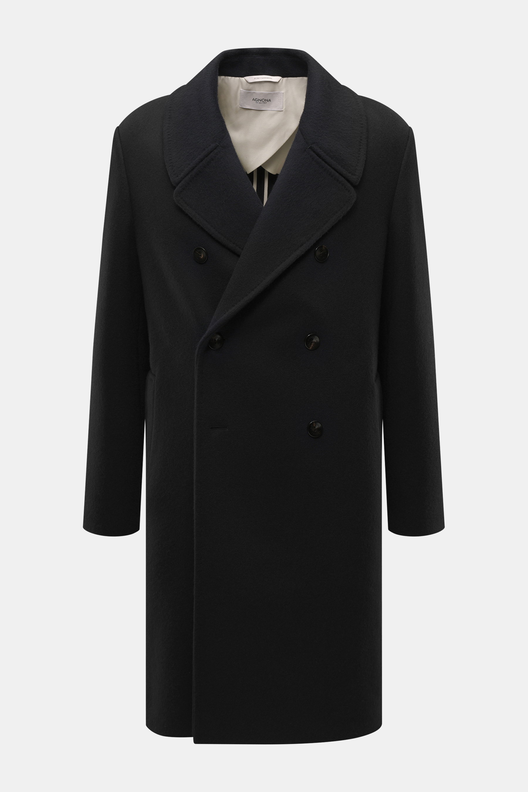 Front view of the Agnona Cashmere Coat Black, a pure cashmere, heavy jersey, soft-touch coat with wide lapel collar, double-breasted closure, slanted welt pockets, center back vent, regular fit, and unconstructed design, perfect for elegant occasions and 