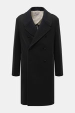 Front view of the Agnona Cashmere Coat Black, a pure cashmere, heavy jersey, soft-touch coat with wide lapel collar, double-breasted closure, slanted welt pockets, center back vent, regular fit, and unconstructed design, perfect for elegant occasions and 