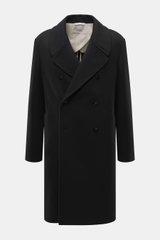 Front view of the Agnona Cashmere Coat Black, a pure cashmere, heavy jersey, soft-touch coat with wide lapel collar, double-breasted closure, slanted welt pockets, center back vent, regular fit, and unconstructed design, perfect for elegant occasions and 