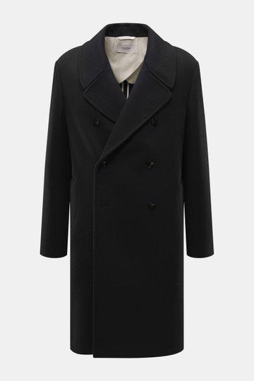 Front view of the Agnona Cashmere Coat Black, a pure cashmere, heavy jersey, soft-touch coat with wide lapel collar, double-breasted closure, slanted welt pockets, center back vent, regular fit, and unconstructed design, perfect for elegant occasions and 