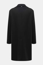 Back view of the Agnona Cashmere Coat Black, pure cashmere, heavy jersey, soft touch, regular fit, wide lapel collar, double-breasted three-button closure, slanted welt pockets, center back vent, unconstructed design. For elegant appearances: With the lux