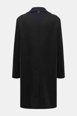 Back view of the Agnona Cashmere Coat Black, pure cashmere, heavy jersey, soft touch, regular fit, wide lapel collar, double-breasted three-button closure, slanted welt pockets, center back vent, unconstructed design. For elegant appearances: With the lux
