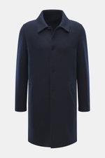 Front view of the Lunaria Cashmere Cashmere short coat navy in pure cashmere, featuring a notched collar, four-button style, and front pockets with flap. Timeless elegance, masterfully staged: The exclusive short coat from LUNARIA CASHMERE combines a clea