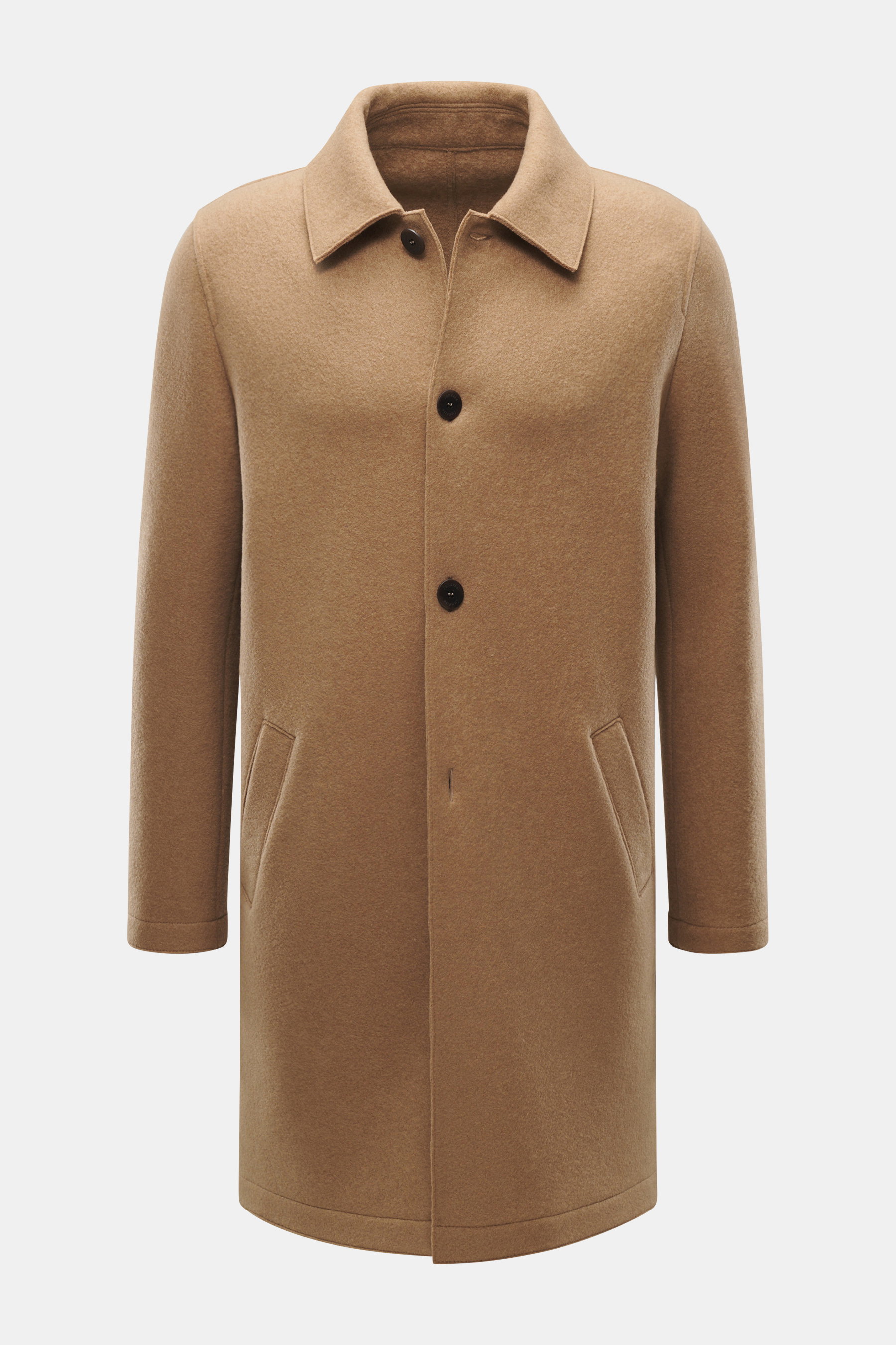 Lunaria Cashmere Cashmere Kurzmantel hellbraun von vorne, Regular Fit, reine Cashmere-Qualität, weicher Griff, Umlegekragen, Vier-Knopf-Stil, Fronttaschen mit Patte.