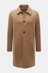 Lunaria Cashmere Cashmere short coat light brown shown from the front, featuring a notched collar, four-button style, flap front pockets, regular fit, unlined, with one inner pocket and center back vent, made of pure, very soft cashmere.