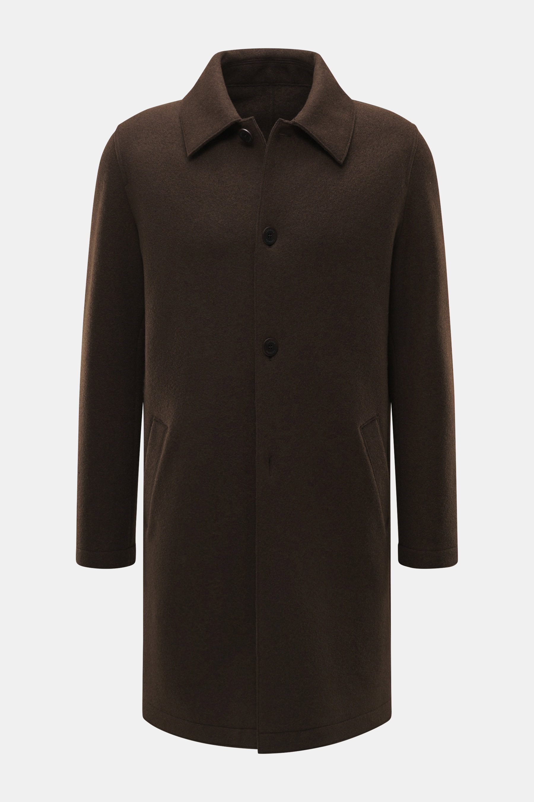 Lunaria Cashmere Cashmere Kurzmantel dunkelbraun, Frontansicht auf hellem Hintergrund, Regular Fit, vier Knöpfe, Umlegekragen, Fronttaschen, ungefüttert.