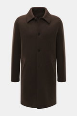 Front view of the Lunaria Cashmere Cashmere short coat dark brown, featuring a four-button style, turn-down collar, front flap pockets, and regular fit.

Description: <p>Timeless elegance, masterfully staged: The exclusive short coat by LUNARIA CASHMERE c