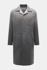 Front view of Ami Paris Wool coat grey, featuring a mix of virgin wool and cashmere, soft touch, regular fit, five-button placket, short notch lapel, slanted welt pockets, two inside pockets, and unconstructed design.