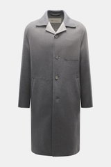 Front view of Ami Paris Wool coat grey, featuring a mix of virgin wool and cashmere, soft touch, regular fit, five-button placket, short notch lapel, slanted welt pockets, two inside pockets, and unconstructed design.