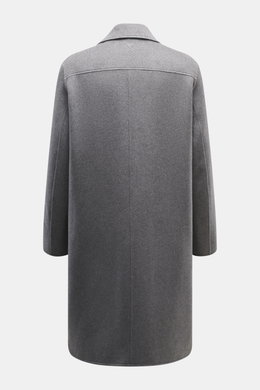 Ami Paris Wool coat grey shown from the back, made of virgin wool and cashmere with a soft touch, regular fit, five-button placket, short notch lapel, slanted welt pockets, two inside pockets, and an unconstructed design.