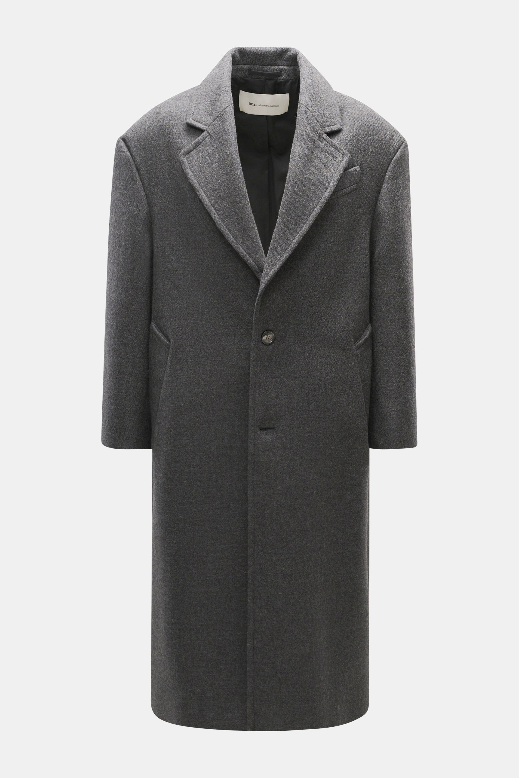 A front view of the Ami Paris Wool coat dark grey melange, made from pure new wool with textured quality, oversized fit, two-button placket, notched lapel, classic breast pocket, slanted welt pockets, sleeve cuffs with buttons, center back vent, smooth li