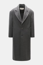 A front view of the Ami Paris Wool coat dark grey melange, made from pure new wool with textured quality, oversized fit, two-button placket, notched lapel, classic breast pocket, slanted welt pockets, sleeve cuffs with buttons, center back vent, smooth li