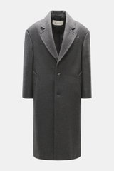 A front view of the Ami Paris Wool coat dark grey melange, made from pure new wool with textured quality, oversized fit, two-button placket, notched lapel, classic breast pocket, slanted welt pockets, sleeve cuffs with buttons, center back vent, smooth li