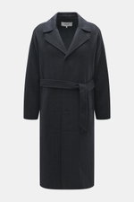 Front view of Maison Kitsuné Coat dark grey melange, oversized fit, doubleface wool microfiber, very soft touch, three-button placket, notched collar, slanted welt pockets, back cape with ventilation slits, center back vent, tie belt, unconstructed design