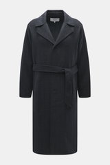 Front view of Maison Kitsuné Coat dark grey melange, oversized fit, doubleface wool microfiber, very soft touch, three-button placket, notched collar, slanted welt pockets, back cape with ventilation slits, center back vent, tie belt, unconstructed design