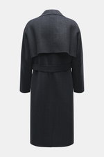 Back view of Maison Kitsuné Coat dark grey melange, oversized fit, doubleface wool and microfiber, soft touch, with tie belt, notched collar, three-button placket, slanted welt pockets, back cape with ventilation slits, center back vent, unconstructed des
