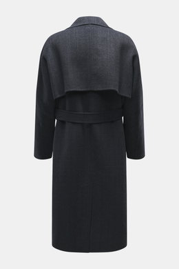 Back view of Maison Kitsuné Coat dark grey melange, oversized fit, doubleface wool and microfiber, soft touch, with tie belt, notched collar, three-button placket, slanted welt pockets, back cape with ventilation slits, center back vent, unconstructed des