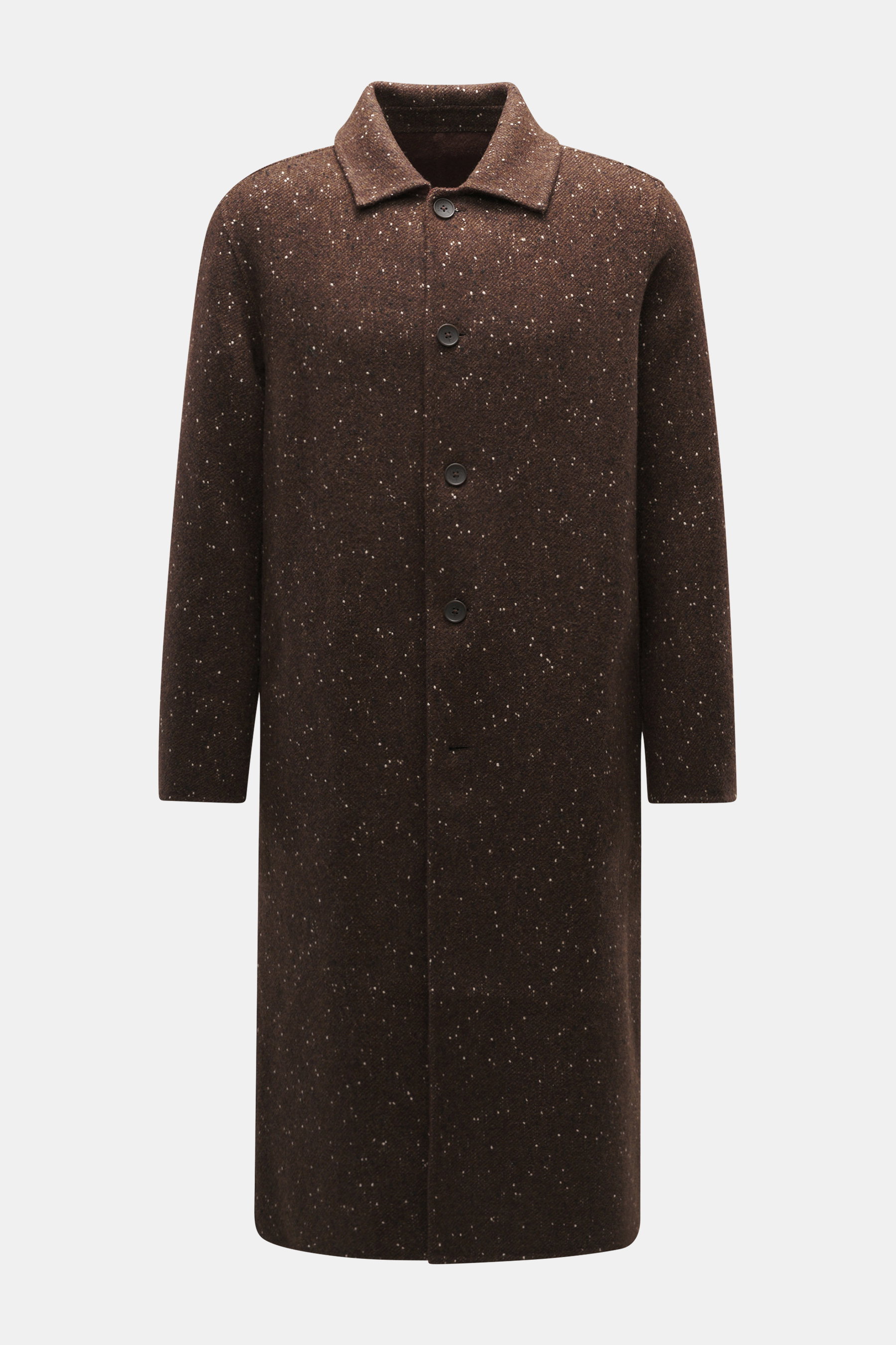 Front view of Percival Coat 'Minnesota' brown/white melange, made of wool, microfiber, cotton blend, twill with slubs, regular fit, five-button placket, turn-down collar, chest and side seam pockets, adjustable waist tabs, unconstructed design.