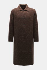 Front view of Percival Coat 'Minnesota' brown/white melange, made of wool, microfiber, cotton blend, twill with slubs, regular fit, five-button placket, turn-down collar, chest and side seam pockets, adjustable waist tabs, unconstructed design.