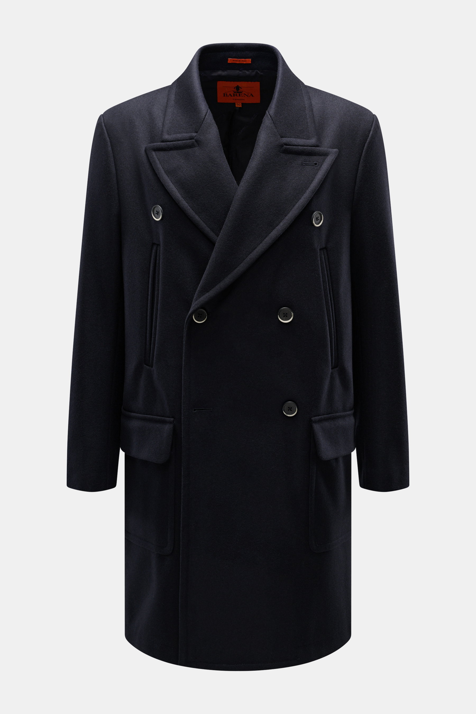 Barena Venezia Mantel navy in Frontansicht, zweireihig mit breitem Revers, Woll-Mix, Hüfttaschen mit Patte, Knopfärmel, Regular Fit.