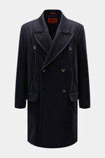Front view of Barena Venezia Coat navy in a warm wool blend, double-breasted with wide peaked lapel, flap hip pockets, and buttoned sleeve cuffs.