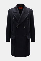 Front view of Barena Venezia Coat navy in a warm wool blend, double-breasted with wide peaked lapel, flap hip pockets, and buttoned sleeve cuffs.
