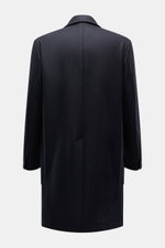 Rear view of the Barena Venezia Coat navy, photographed from behind, showing its warm wool blend fabric and unconstructed design. Elegant through the winter with BARENA VENEZIA: this coat is inspired by a military design and brings a confident attitude to
