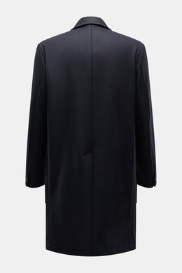 Rear view of the Barena Venezia Coat navy, photographed from behind, showing its warm wool blend fabric and unconstructed design. Elegant through the winter with BARENA VENEZIA: this coat is inspired by a military design and brings a confident attitude to