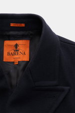 Close-up front view of the Barena Venezia Coat navy showcasing the wide peaked lapel, soft virgin wool blend fabric, and orange inside label. 

Description: 
<p>Elegant through the winter with BARENA VENEZIA: this coat is inspired by a military design and