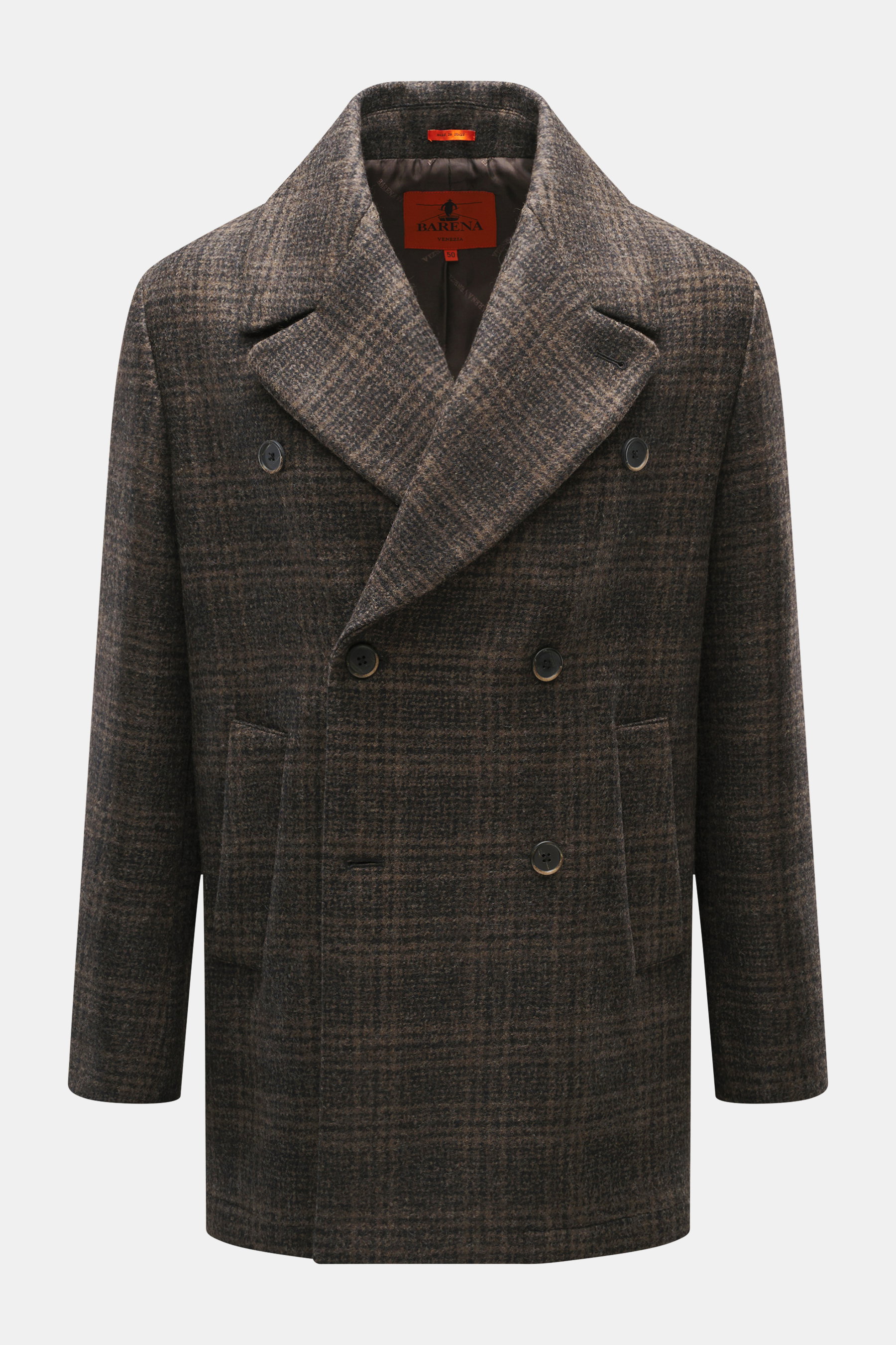 Barena Venezia Pea Coat grey-brown/dark brown patterned, front view, double-breasted wool jacket with wide lapel collar, slanted welt pockets, and buttoned sleeve cuffs, regular fit, virgin wool with microfiber, tonal woven pattern, half lined, grippy tex