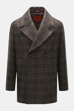 Barena Venezia Pea Coat grey-brown/dark brown patterned, front view, double-breasted wool jacket with wide lapel collar, slanted welt pockets, and buttoned sleeve cuffs, regular fit, virgin wool with microfiber, tonal woven pattern, half lined, grippy tex