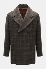 Barena Venezia Pea Coat grey-brown/dark brown patterned, front view, double-breasted wool jacket with wide lapel collar, slanted welt pockets, and buttoned sleeve cuffs, regular fit, virgin wool with microfiber, tonal woven pattern, half lined, grippy tex
