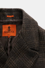 Barena Venezia Pea Coat grey-brown/dark brown patterned close-up from above showing textured virgin wool, wide lapel collar, and orange brand tag inside.