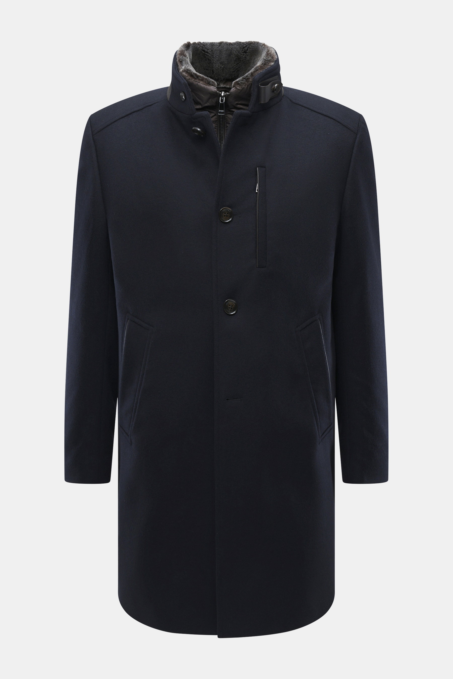 Front view of Windsor Short coat 'Rivano' navy, slim fit with four-button placket, removable double front with faux fur trim and hood, stand-up collar with button tab, zipper chest pocket, side pockets, sleeve cuffs with kissing buttons, center back vent,