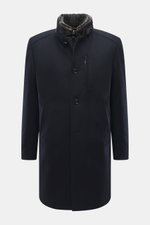 Front view of Windsor Short coat 'Rivano' navy, slim fit with four-button placket, removable double front with faux fur trim and hood, stand-up collar with button tab, zipper chest pocket, side pockets, sleeve cuffs with kissing buttons, center back vent,