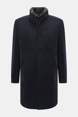 Front view of Windsor Short coat 'Rivano' navy, slim fit with four-button placket, removable double front with faux fur trim and hood, stand-up collar with button tab, zipper chest pocket, side pockets, sleeve cuffs with kissing buttons, center back vent,