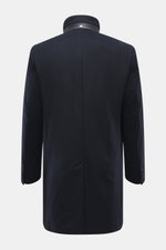 Windsor Short coat 'Rivano' navy shown from back, slim fit with stand-up collar, center back vent, sleeve cuffs with kissing buttons, mix of wool, cashmere, microfiber, soft feel, four-button placket, removable double front with faux fur trim and hood, zi
