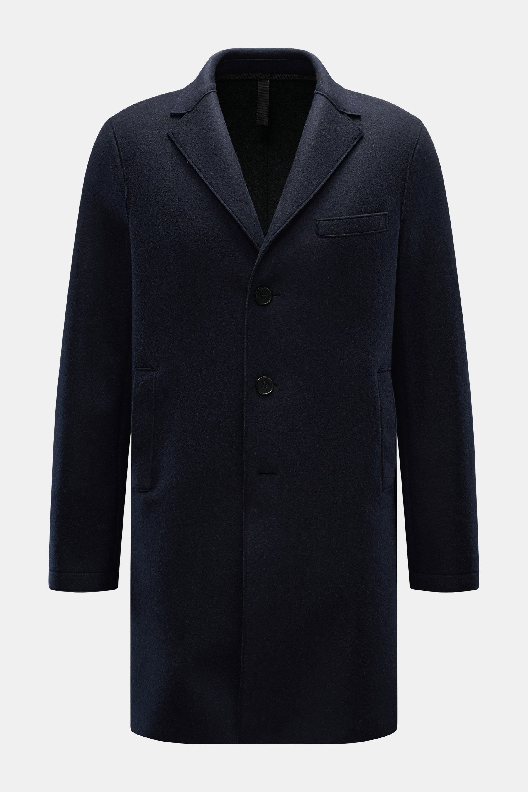 Harris Wharf London Wollmantel navy, frontale Nahaufnahme, Slim Fit, gerader Schnitt, Schurwolle mit Cashmere, Drei-Knopf-Leiste, Reverskragen, Brust- und Leistentaschen, ungefüttert.