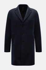 Harris Wharf London Wool coat navy shown front view, slim fit felted virgin wool and cashmere with lapel, three buttons, breast and hip pockets.