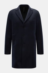Harris Wharf London Wool coat navy shown front view, slim fit felted virgin wool and cashmere with lapel, three buttons, breast and hip pockets.