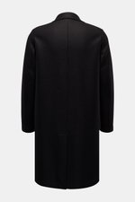 Rear view of Harris Wharf London Wool coat black in heavy, pure felted virgin wool, unlined with straight silhouette, center back vent, and clean lines.