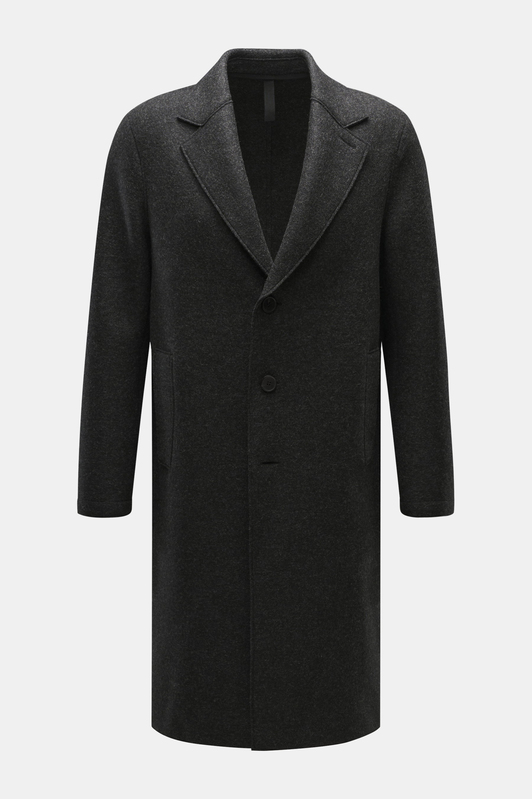 Harris Wharf London Wool coat dark grey melange shown from the front on a plain background. Timeless, pure, and well thought out: This unlined coat with a straight silhouette from HARRIS WHARF LONDON, made from heavy, felted virgin wool, impresses with cl