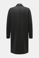 Harris Wharf London Wool coat dark grey melange shown from the back, timeless unlined knee-length coat in pure felted virgin wool with notch collar, center back vent, and slanted welt pockets, featuring a three-button placket and regular fit. Timeless, pu