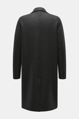 Harris Wharf London Wool coat dark grey melange shown from the back, timeless unlined knee-length coat in pure felted virgin wool with notch collar, center back vent, and slanted welt pockets, featuring a three-button placket and regular fit. Timeless, pu