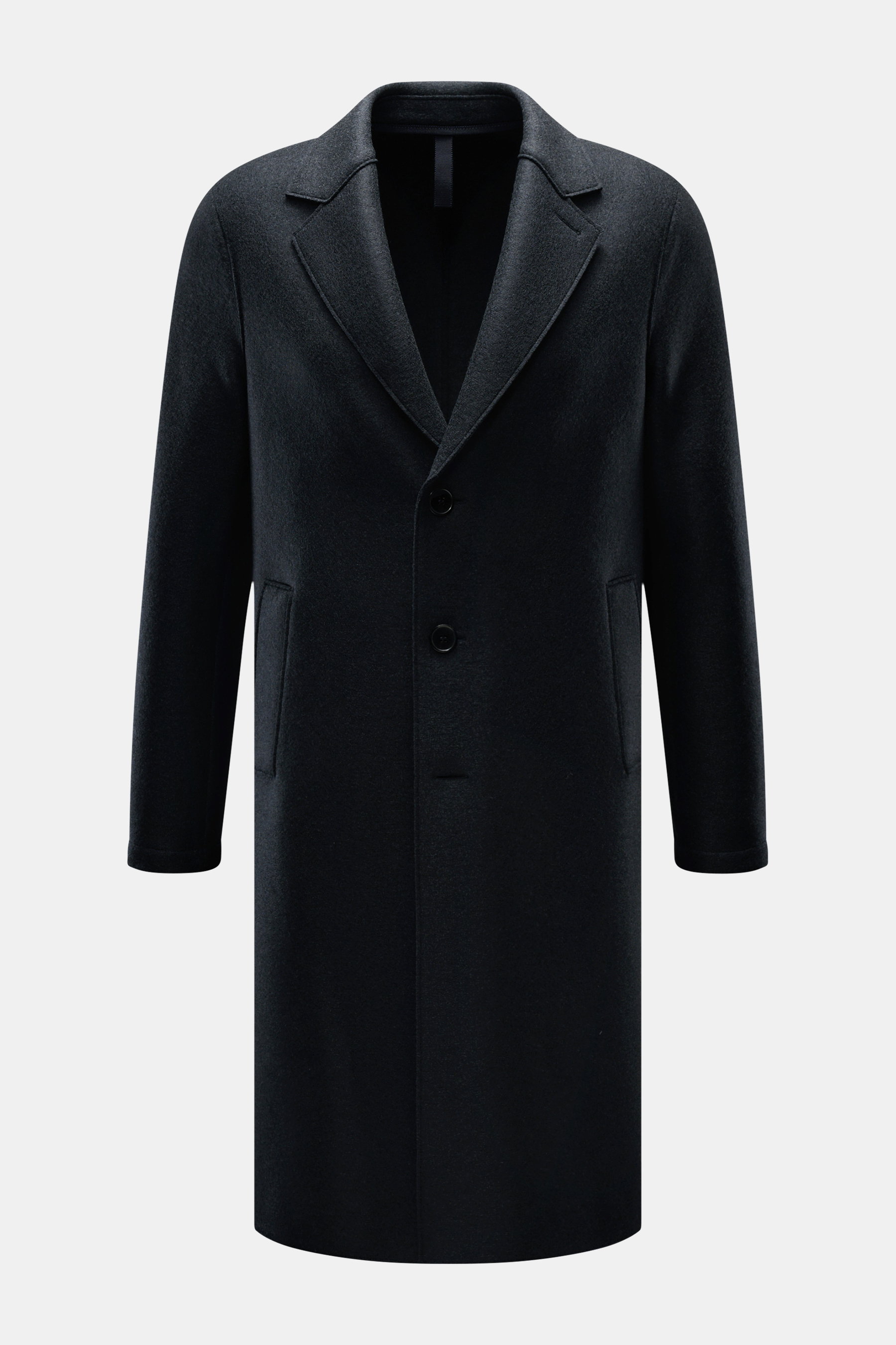 Harris Wharf London Wool coat navy shown front view, unlined knee-length virgin wool coat with notch collar, three-button placket, slanted welt pockets, center back vent, and two inside pockets, made in Italy. Timeless, pure, and well thought out, featuri