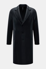 Harris Wharf London Wool coat navy shown front view, unlined knee-length virgin wool coat with notch collar, three-button placket, slanted welt pockets, center back vent, and two inside pockets, made in Italy. Timeless, pure, and well thought out, featuri