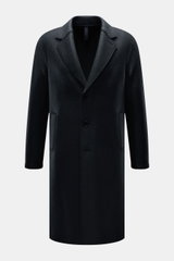 Harris Wharf London Wool coat navy shown front view, unlined knee-length virgin wool coat with notch collar, three-button placket, slanted welt pockets, center back vent, and two inside pockets, made in Italy. Timeless, pure, and well thought out, featuri