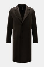 Front view of Harris Wharf London Wool coat dark brown, knee-length, unlined with a three-button placket, notch collar, slanted welt pockets, and center back vent, made from heavy, pure felted virgin wool with a raw-edge finish.

<p>Timeless, pure, and we